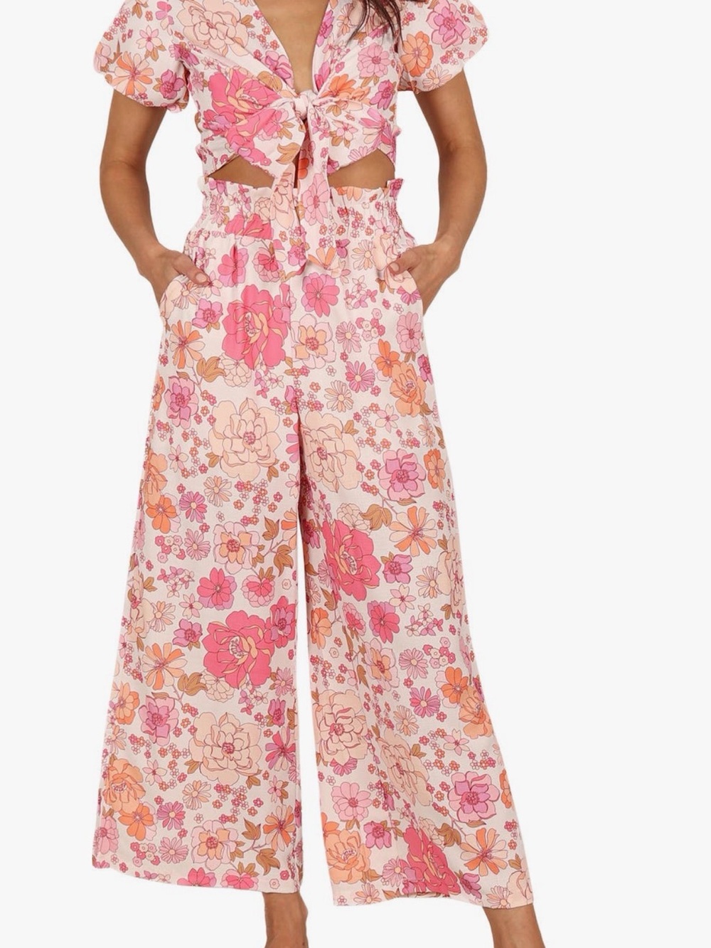 Wide Leg Floral Pants and crop top set in Pink